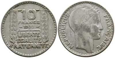 Франция 10 франков 1930 Пьер Тюрен KM 878, Le Franc 360.3 серебро 79-443