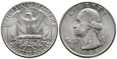 США 25 ЦЕНТОВ = КВОТЕР 1988 D, ВАШИНГТОН KM А164а медь плакированная медно-никелем 23-235