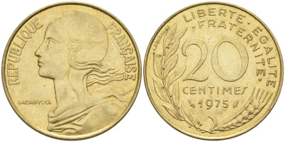 Франция 20 сантимов 1975 тип Marianne KM 930, Le Franc 156.15 медь алюминий никель 4592-1044