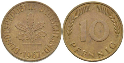 ФРГ 10 ПФЕННИГОВ 1967 J KM 108, J. 383 сталь плакированная латунью 175-741