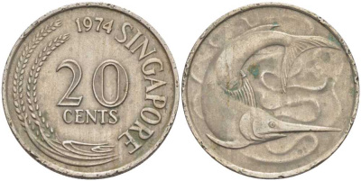 СИНГАПУР 20 ЦЕНТОВ 1974 ГОЛУБОЙ МАРЛИН, ТУНЕЦ KM 4 медно-никель 61-1116