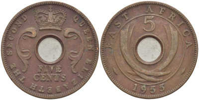 Британская Восточная Африка 5 центов 1955 Елизавета II (1952-) KM 37 бронза 94-724
