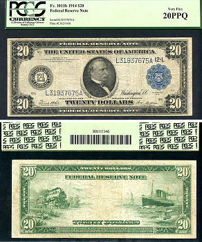 США 20 долларов 1914 National Bank Note, Сан-Франциско, Гровер Кливленд - 22-й и 24-й президент США, в слабе PCGS 20 PPQ Fr 1011B  бумага   452-1-151