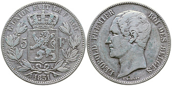 Бельгия 5 франков 1851 Леопольд I (1831-1865) KM 17 серебро 00-1067-3-52
