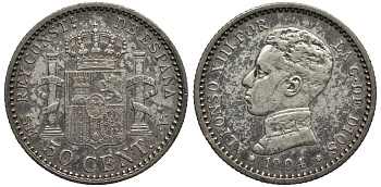 ИСПАНИЯ 50 СЕНТИМО 1904 (04) S.M-V АЛЬФОНСО XIII KM 723 серебро 1521-115