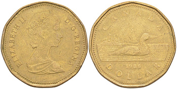 Канада 1 доллар 1989 утка, Елизавета II KM 157 никель плакированный алюминиевой бронзой 63-631