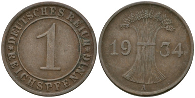 Германия 1 рейхспфенниг 1934 A KM 37, J. 313 бронза 4189-1237