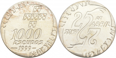Португалия 1000 эскудо 1999 25 лет Апрельской революции KM 715 серебро UNC 1081-8-64