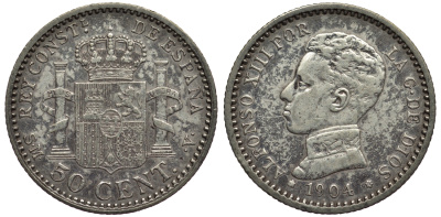 ИСПАНИЯ 50 СЕНТИМО 1904 (04) S.M-V АЛЬФОНСО XIII KM 723 серебро 1521-115