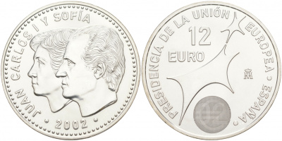 Испания 12 евро 2002 Карлос и София, Председательство Испании в Евросоюзе KM 1049 серебро UNC 1521-1321