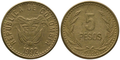 Колумбия 5 песо 1992 KM 280 алюминиевая бронза 4528-1155