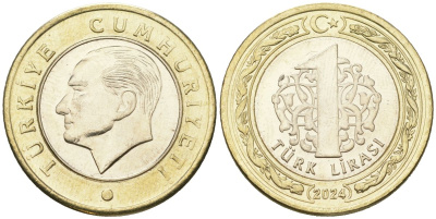 Турция 1 лира 2024 KM?1575 биметалл UNC 68-1152