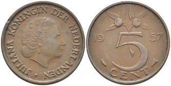 НИДЕРЛАНДЫ 5 ЦЕНТОВ 1957 ЮЛИАНА KM 181 бронза 3856-1224