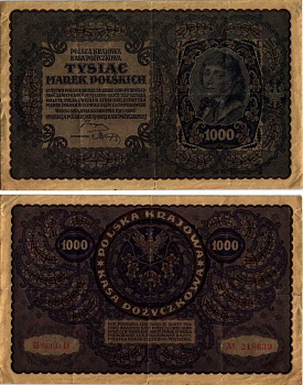 ПОЛЬША 1000 МАРОК 1919 23 АВГУСТА 1919, ТРЕТИЙ ВЫПУСК, ПОРТРЕТ КОСТЮШКО Pick 29 бумага VF 8607-29-1