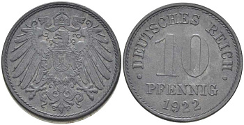 ГЕРМАНИЯ 10 ПФЕННИНГОВ 1922 KM 26, J.299, Weege 8 цинк 202-217