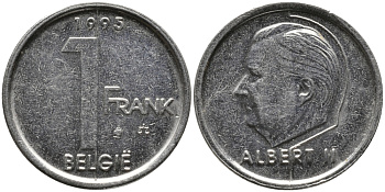 БЕЛЬГИЯ 1 ФРАНК 1995 BELGIE KM 188 сталь плакированная никелем 99-1249