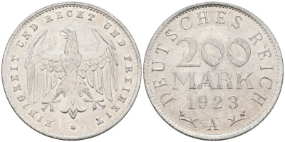 Германия 200 марок 1923 A KM 35, J. 304, Weege 22 алюминий UNC 4586-235