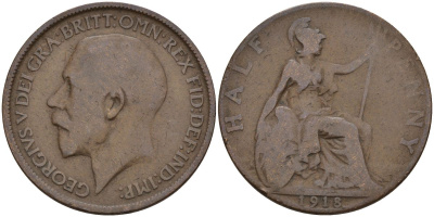 Великобритания 1/2 пенни 1918 Георг V (1910 - 1936) KM 809, Spink 4056 бронза 4153-752