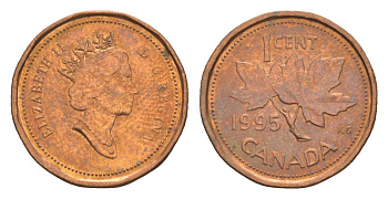 Канада 1 цент 1995 Елизавета II (1952-2022), кленовый лист KM 181 бронза 4630-615