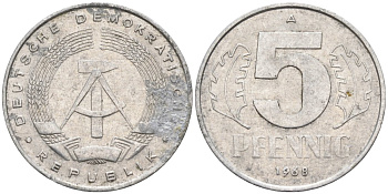 ГДР 5 пфеннигов 1968 А KM 9.1 алюминий 4564-1038