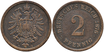 Германия 2 пфеннига 1876 A, старогербовка KM 2 медь 44-1268