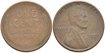 США 1 ЦЕНТ 1955 ЛИНКОЛЬН KM А132 медь цинк 3309-1145