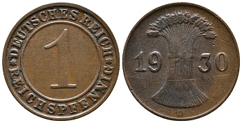 ГЕРМАНИЯ 1 РЕЙХСПФЕННИГ 1930 D KM 37, J. 313 бронза 39-1043