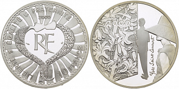 Франция 10 франков 2000 Ив Сен-Лоран, миллениум KM 1235 серебро PROOF 05-091-42