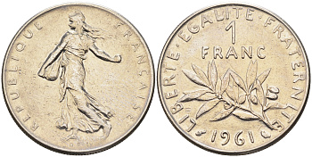 Франция 1 франк 1961 сеятель KM 925.1 никель    4177-231
