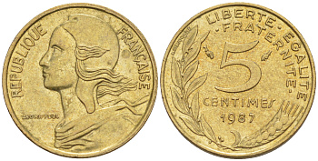 Франция 5 сантимов 1987 ТИП MARIANNE KM 933, le Frank 125.23 медь алюминий никель 100-427