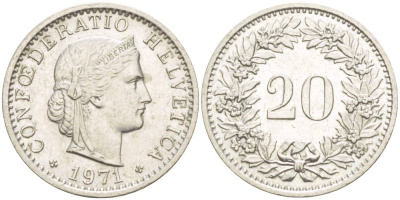 ШВЕЙЦАРИЯ 20 РАППЕНОВ 1971 KM 29а медно-никель 4544-323