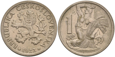 Чехословакия 1 крона 1922 женщина со снопом и серпом KM 4 медно-никель 4575-323