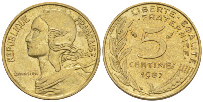 Франция 5 сантимов 1987 ТИП MARIANNE KM 933, le Frank 125.23 медь алюминий никель 100-427