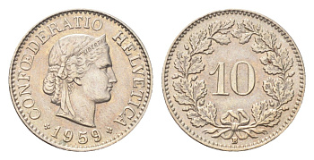 Швейцария 10 раппенов 1959 B KM 27 медно-никель 4708-212