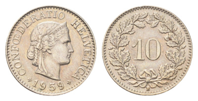 Швейцария 10 раппенов 1959 B KM 27 медно-никель 4708-212