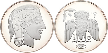 Греция  (Сиракузы) декадрахма 465 год  до н.э. копия известной редкой античной монеты в серебре 999  серебро  PROOF  11-266-41