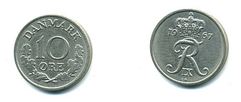 Дания 10 эре 1967 C; S, Фредерик IX (1947-1972) KM 849.1 медно-никель UNC 54-1152