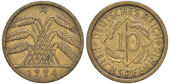 Германия 10 рейхспфеннигов 1924 A KM 33, J .317, Weege 9 алюминиевая бронза 4132-512