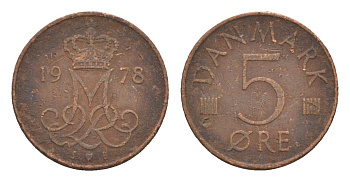 Дания 5 эре 1978 Маргрете II (1972-2024) KM 859 железо плакированное медью 4658-264