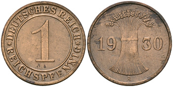 Германия 1 рейхспфенниг 1930 A KM 37, J. 313 бронза 4189-1135