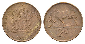 ЮАР 2 цента 1984 герб, антилопа гну KM 83 бронза 4621-159