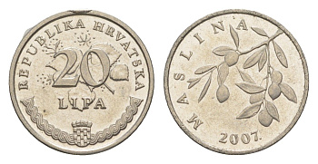 Хорватия 20 лип 2007 олива, нечетный год KM 7 сталь плакированная никелем UNC 261-542