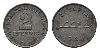 Рейтлинген 2 пфеннига 1920 Funck 446.3, Men05 21558.2, Men18 26932.2 железо 4396-1056