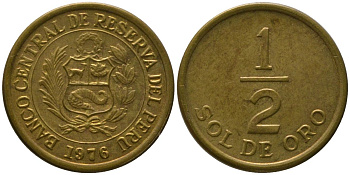 Перу 1/2 соль 1976 KM 265, Schon 65 латунь 4532-842