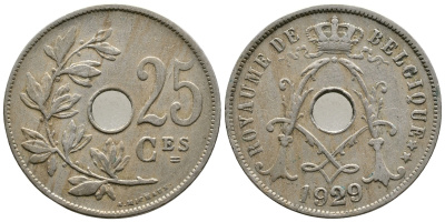 Бельгия 25 сантимов 1929 Belgique KM 68.1 медно-никель 4379-1356
