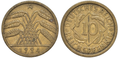Германия 10 рейхспфеннигов 1924 A KM 33, J .317, Weege 9 алюминиевая бронза 4132-512
