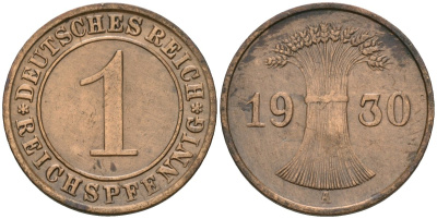 Германия 1 рейхспфенниг 1930 A KM 37, J. 313 бронза 4189-1135