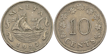 Мальта 10 центов 1972 баржа Великого магистра KM 11 медно-никель 82-514
