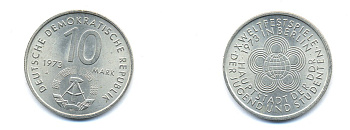 ГДР 10 марок 1973 A, фестиваль молодежи и студентов 1973 года в Берлине KM 44, J. 1545 медно-никель 3333-145