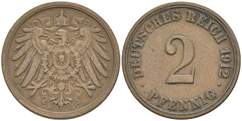 Германия 2 пфеннига 1912 A KM 16, J. 11, Weege 4 медь 212-411